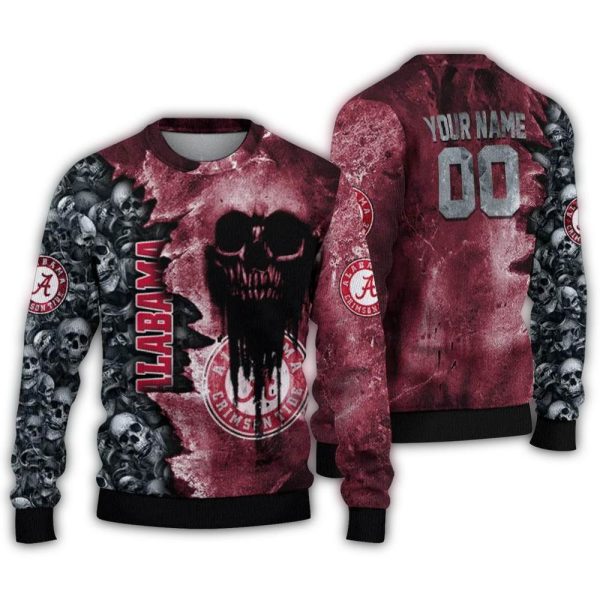 Personalized Alabama Crimson Tide Skull Collage Ugly Sweater 1