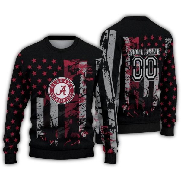 Personalized Alabama Crimson Tide Vintage USA Flag Ugly Sweater 1