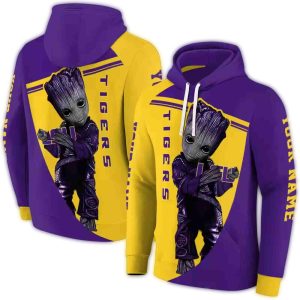 Personalized Baby Groot Hold Logo Lsu Tigers Yellow And Purple All Over Print Hoodie