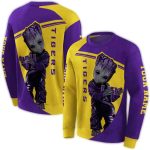 Personalized Baby Groot Hold Logo Lsu Tigers Yellow And Purple All Over Print Sweatshirt
