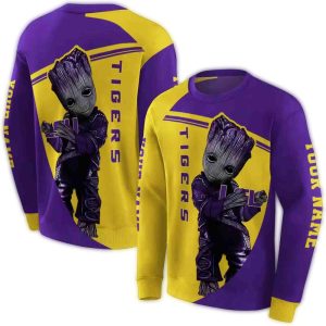 Personalized Baby Groot Hold Logo Lsu Tigers Yellow And Purple All Over Print Sweatshirt