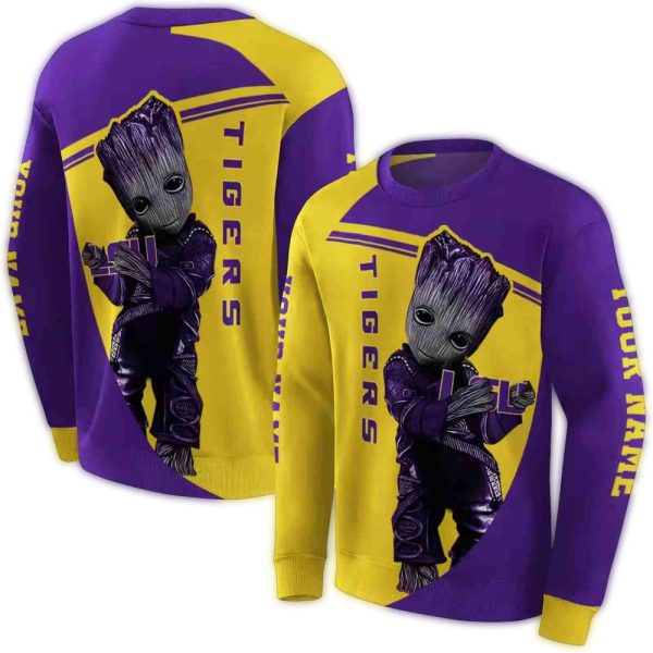 Personalized Baby Groot Hold Logo LSU Tigers Yellow and Purple AOP Sweatshirt 1