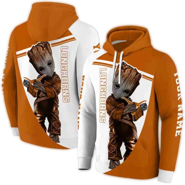 Personalized Baby Groot Hold Logo Texas Longhorns AOP Hoodie 1