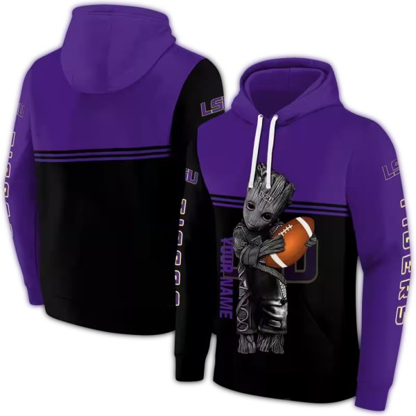 Personalized LSU Tigers Baby Groot Purple Black AOP Hoodie 1
