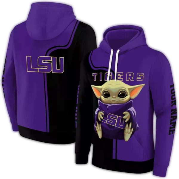 Personalized LSU Tigers Baby Yoda Purple Black AOP Hoodie 1