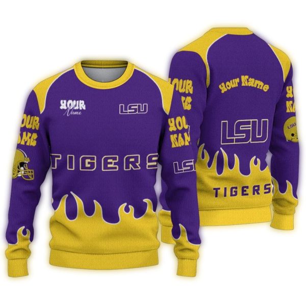 Personalized LSU Tigers Flame Border Ugly Sweater 1