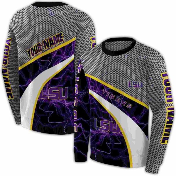 Personalized LSU Tigers Hexagonal Mesh Purple Black Gray AOP Sweatshirt 1