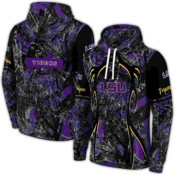 Personalized LSU Tigers Hunting Theme Purple Black AOP Hoodie 1