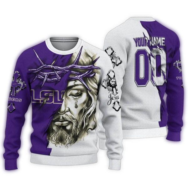 Personalized LSU Tigers Jesus Tears Ugly Sweater 1