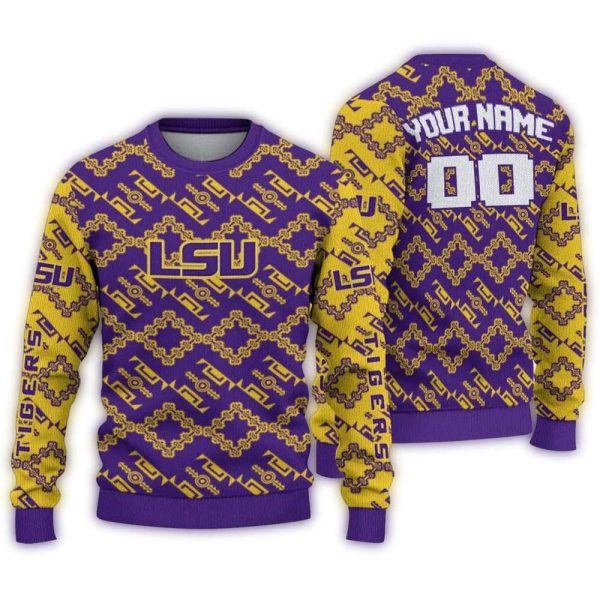 Personalized LSU Tigers Lattice Gridwork Ugly Sweater 1