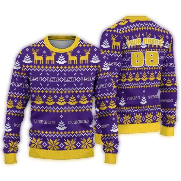 Personalized LSU Tigers Pattern Christmas Ugly Sweater 1
