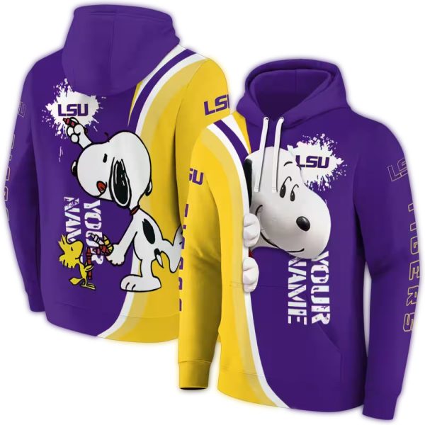 Personalized LSU Tigers Peeking Snoopy Purple AOP Hoodie 1