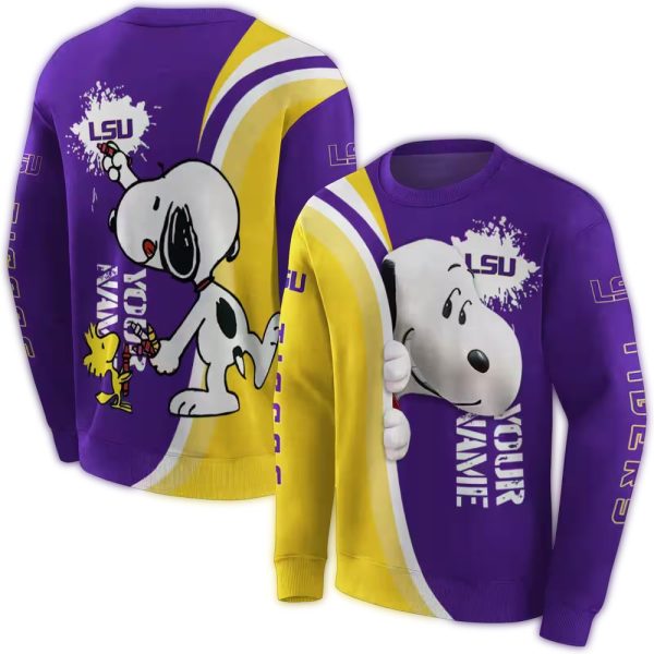 Personalized LSU Tigers Peeking Snoopy Purple AOP Sweatshirt 1