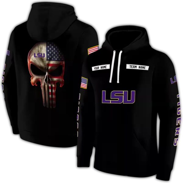 Personalized LSU Tigers Punisher Skull Black AOP Hoodie 1