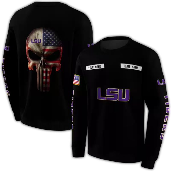 Personalized LSU Tigers Punisher Skull Black AOP Sweatshirt 1