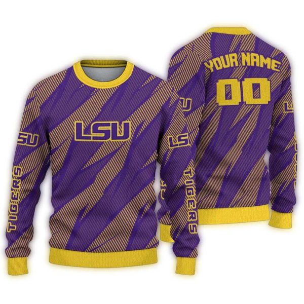 Personalized LSU Tigers Stripe Motion Purple Ugly Sweater 1