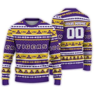 Personalized Lsu Tigers Tent Stripes Purple White Ugly Sweater