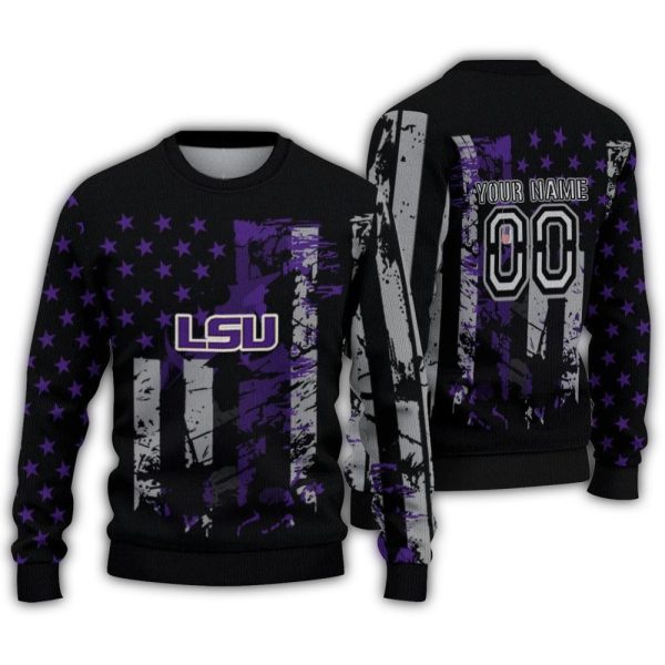 Personalized LSU Tigers Vintage USA Flag Ugly Sweater 1