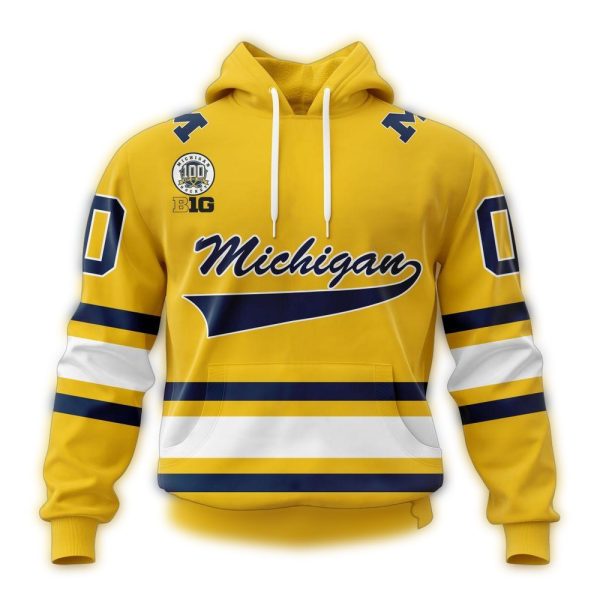 Personalized Michigan Wolverines 100th Anniversary Hockey Maize Kits AOP Hoodie 1