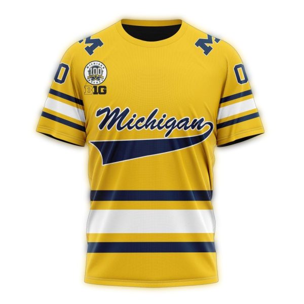 Personalized Michigan Wolverines 100th Anniversary Hockey Maize Kits AOP T Shirt 1