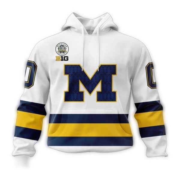 Personalized Michigan Wolverines 100th Anniversary Hockey White Kits AOP Hoodie 1
