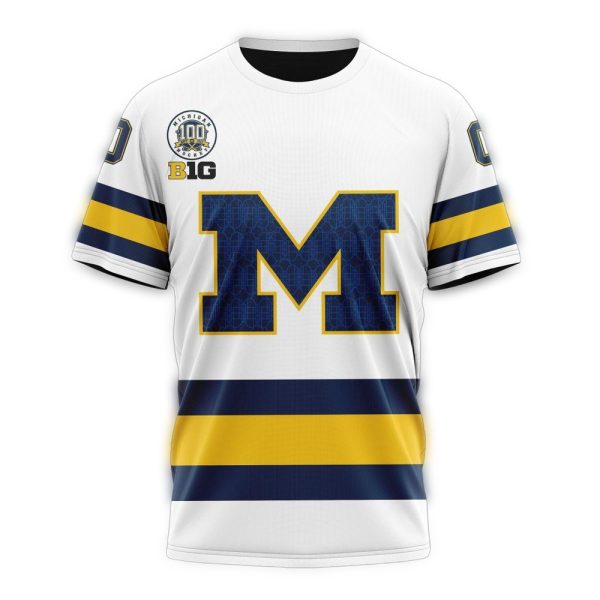 Personalized Michigan Wolverines 100th Anniversary Hockey White Kits AOP T Shirt 1
