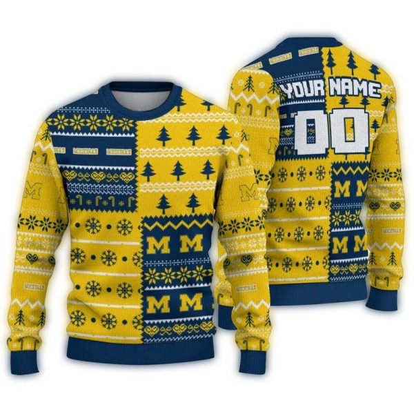 Personalized Michigan Wolverines ChristmasTree Bands Ugly Sweater 1