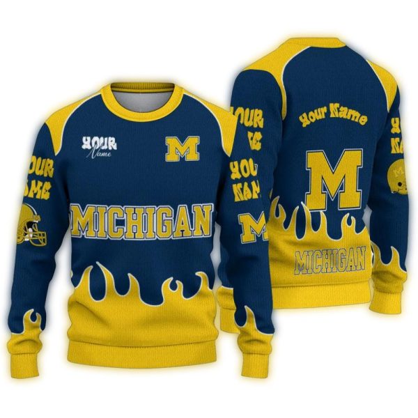 Personalized Michigan Wolverines Flame Border Ugly Sweater 1