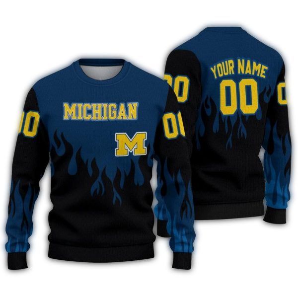 Personalized Michigan Wolverines Flame Outline Ugly Sweater 1