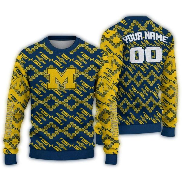 Personalized Michigan Wolverines Lattice Gridwork Ugly Sweater 1