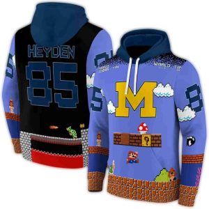 Personalized Michigan Wolverines Mario Blue Black All Over Print Hoodie