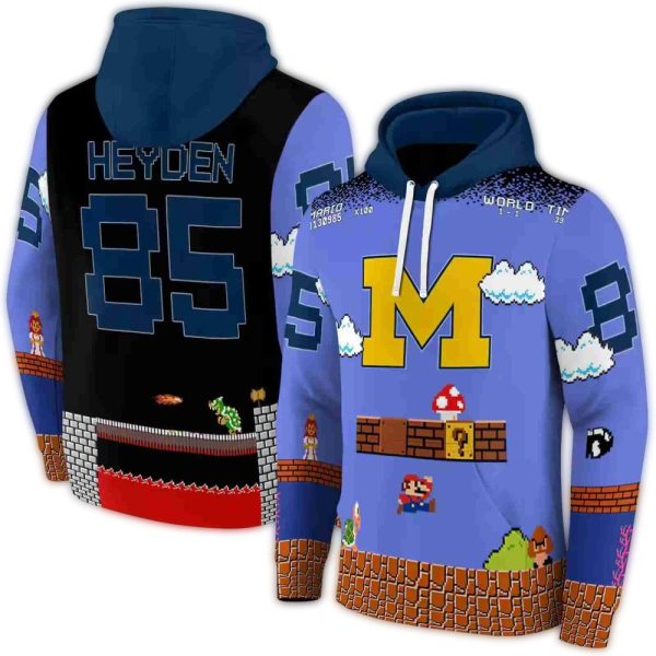 Personalized Michigan Wolverines Mario Blue Black AOP Hoodie 1
