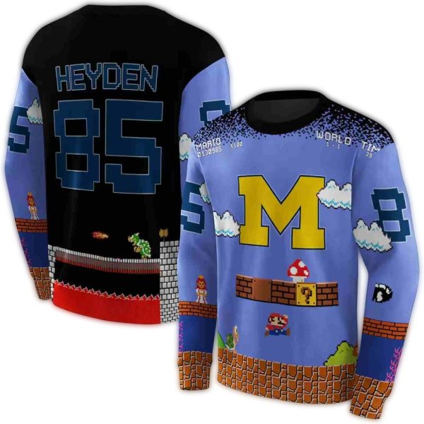 Personalized Michigan Wolverines Mario Blue Black AOP Sweatshirt 1