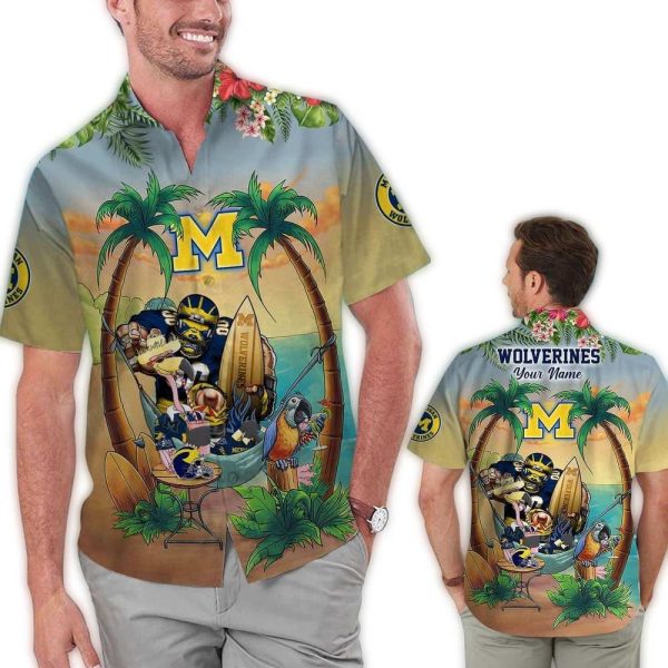 Personalized Michigan Wolverines Mascot Surf Floral Hawaiian Shirt 1