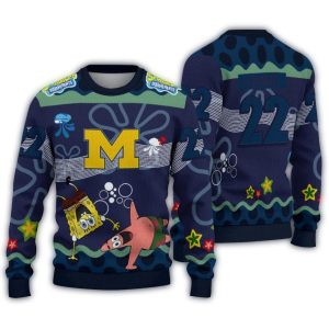 Personalized Michigan Wolverines Spongebob Cartoon Ugly Sweater