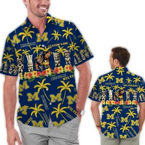 Personalized Michigan Wolverines Tiki Mascot Floral Hawaiian Shirt