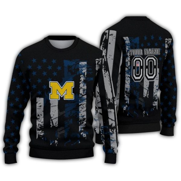 Personalized Michigan Wolverines Vintage USA Flag Ugly Sweater 1