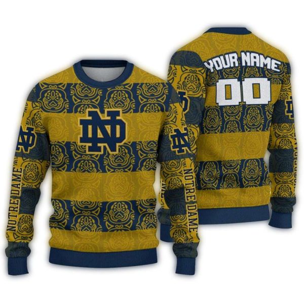 Personalized Notre Dame Fighting Irish Bulldog Motif Ugly Sweater 1