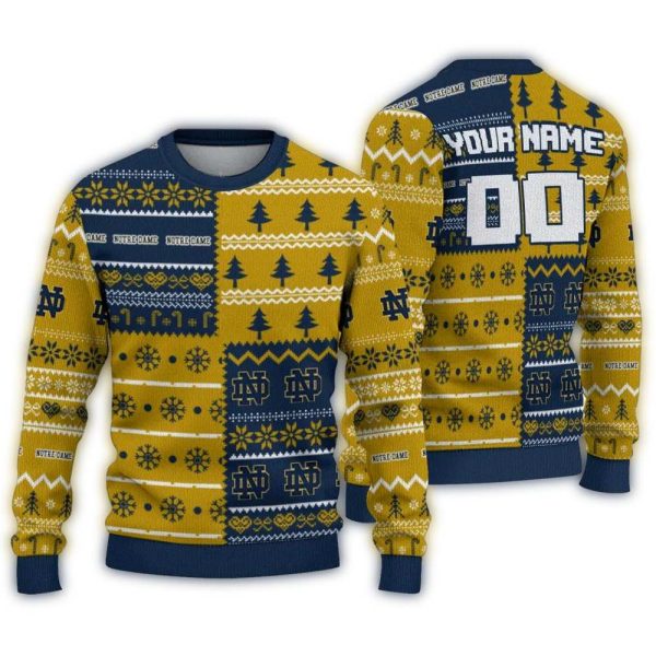 Personalized Notre Dame Fighting Irish ChristmasTree Bands White Ugly Sweater 1
