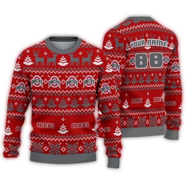 Personalized Ohio State Buckeyes Deer Tree Pattern Christmas Ugly Sweater 1