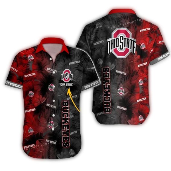 Personalized Ohio State Buckeyes Multi Logo and Leafs Pattern Hawaiian Shirt 1