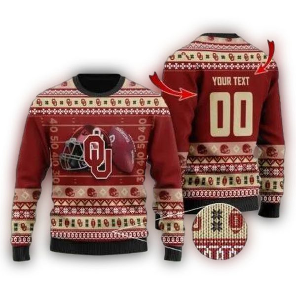 Personalized Oklahoma Sooners Ball and Helmet Christmas Ugly Sweater 1