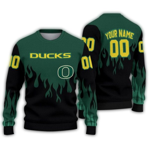 Personalized Oregon Ducks Flame Outline Ugly Sweater 1