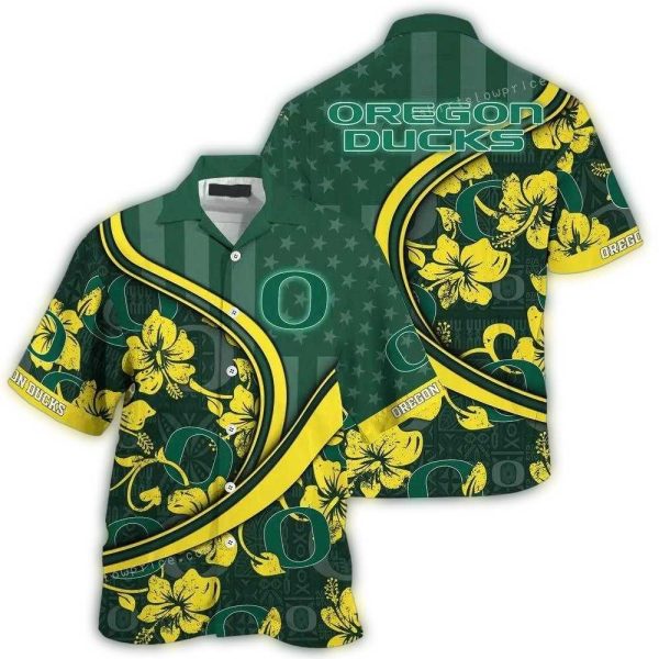 Personalized Oregon Ducks Flower and Flag US Hawaiian Shirt 1
