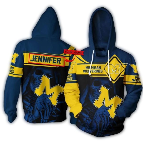 Personalized Skull Death Hold Logo Michigan Wolverines AOP Hoodie 1
