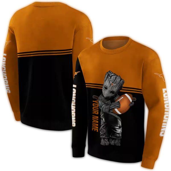 Personalized Texas Longhorns Baby Groot Orange Black AOP Sweatshirt 1