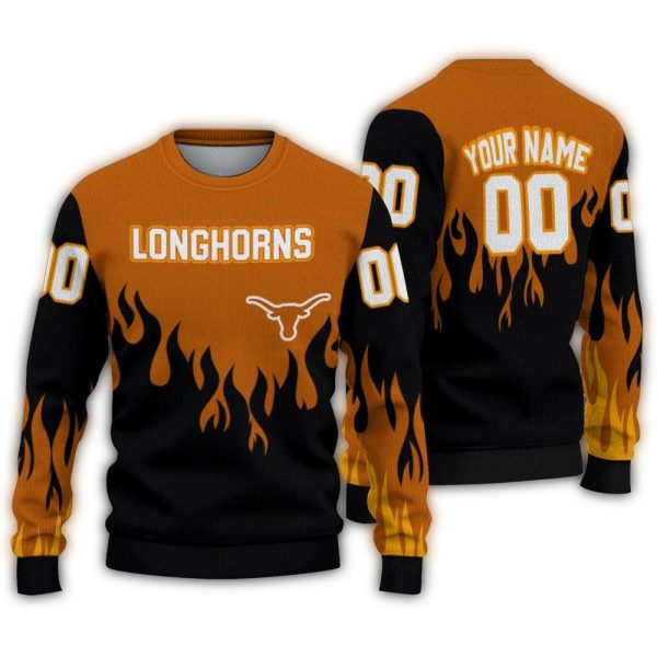 Personalized Texas Longhorns Flame Outline Ugly Sweater 1