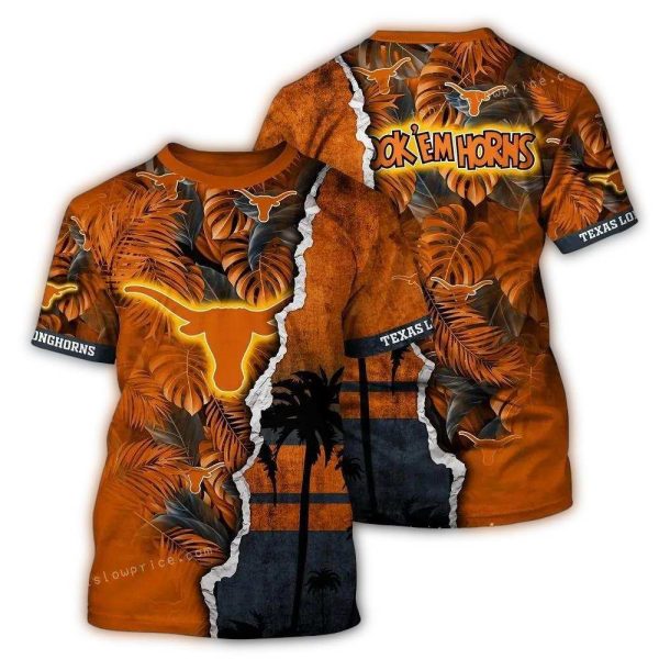 Personalized Texas Longhorns Floral Leafs and Coconut Scratch AOP T Shirt 1