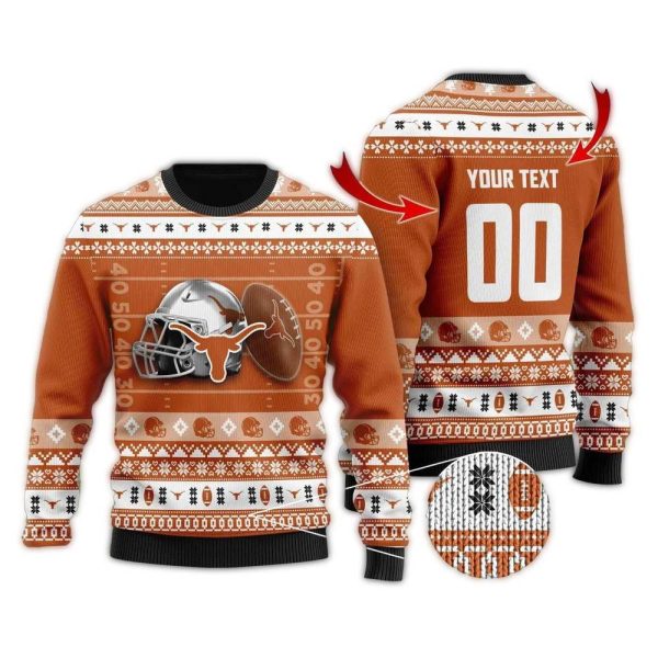 Personalized Texas Longhorns Helmet Ball Christmas Ugly Sweater 1