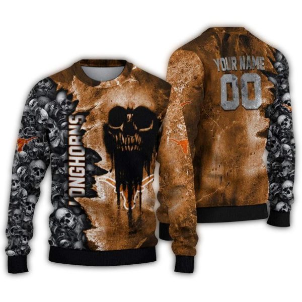 Personalized Texas Longhorns Skull Collage Ugly Sweater 1